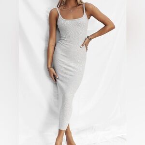 All Things Golden The Luxe Rib Low Back Grey Midi Dress XS